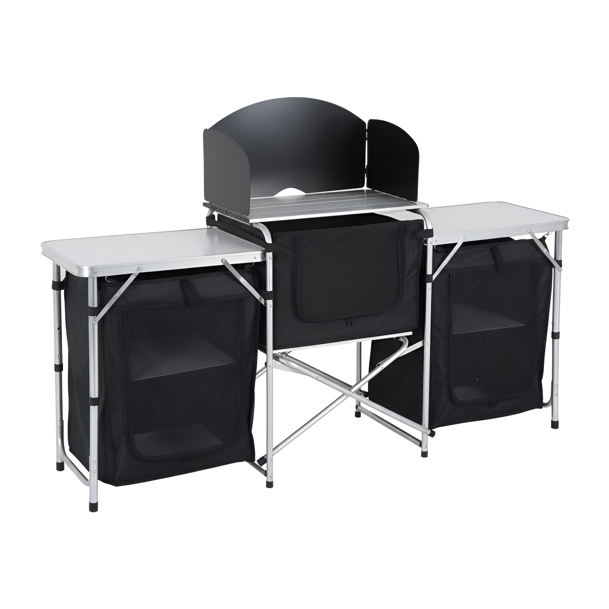 68.5 In. Black Rectangle Metal Picnic Table Portable Camping Fold-Up Cooking Table W/ Windscreen and 3-Enclosed Cupboard