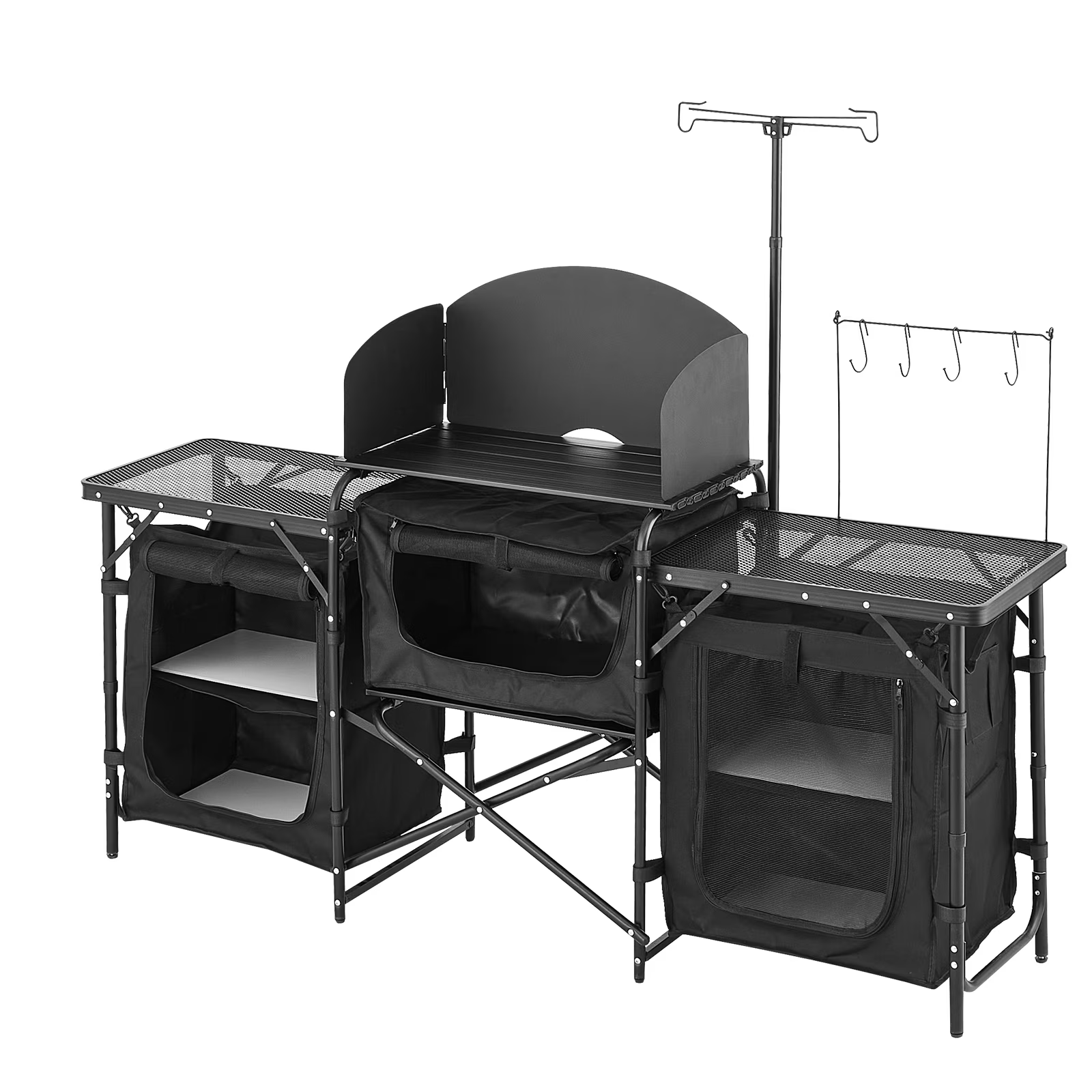 Outdoor Cooking Station, Portable Camp Kitchen Table, Constructed from Aluminum with Three Storage Cabinets, Comes with a Carrying Bag, Removable Wind Guard, Swift Assembly for BBQ Gatherings