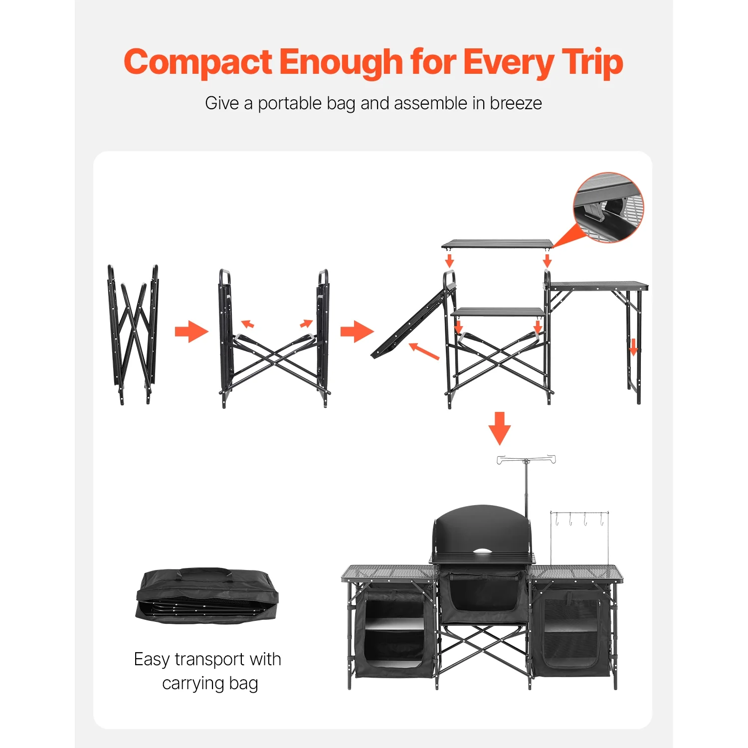 Outdoor Cooking Station, Portable Camp Kitchen Table, Constructed from Aluminum with Three Storage Cabinets, Comes with a Carrying Bag, Removable Wind Guard, Swift Assembly for BBQ Gatherings