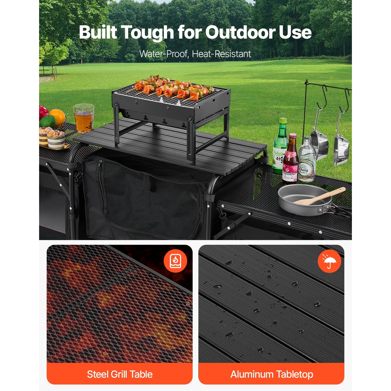 Outdoor Cooking Station, Portable Camp Kitchen Table, Constructed from Aluminum with Three Storage Cabinets, Comes with a Carrying Bag, Removable Wind Guard, Swift Assembly for BBQ Gatherings
