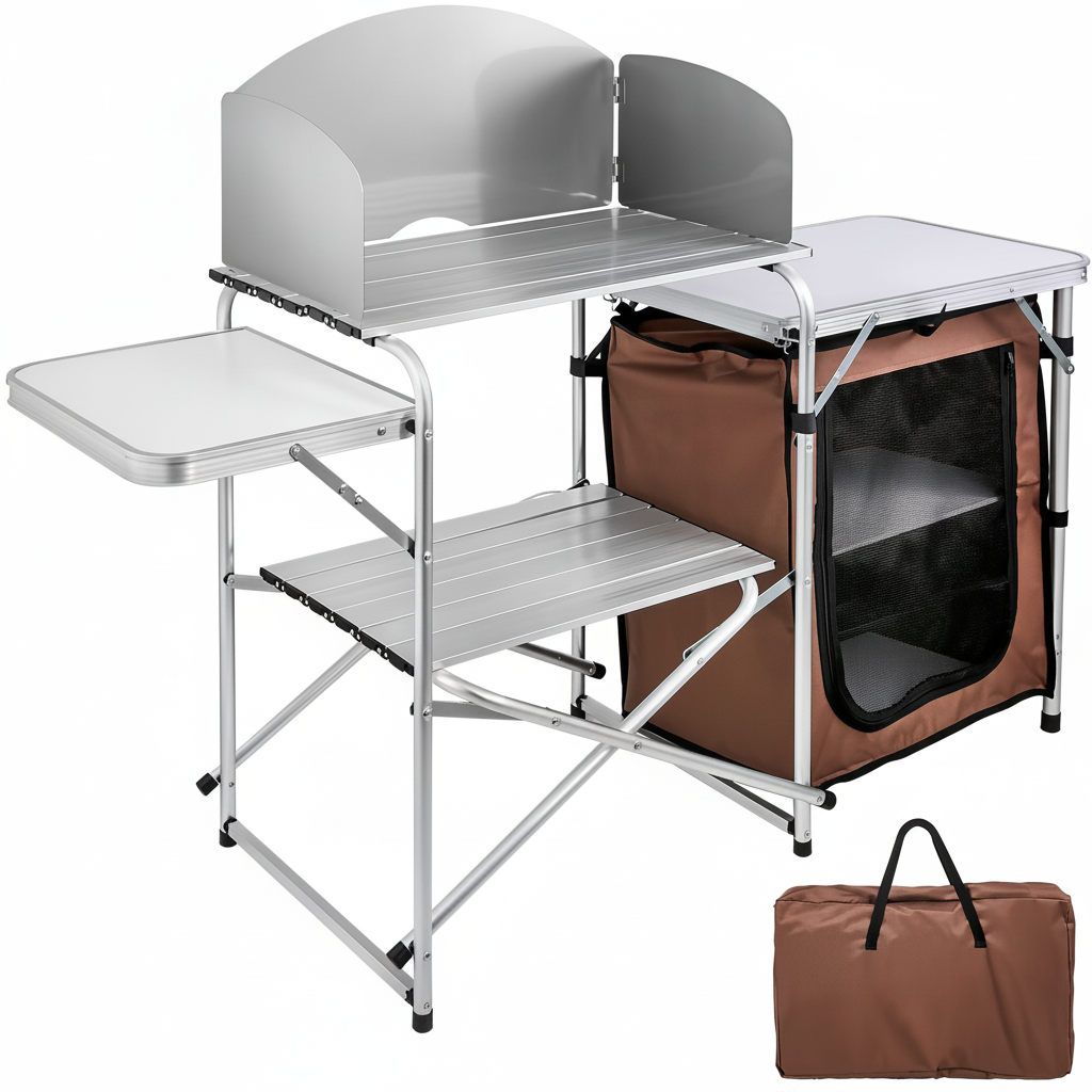 Outdoor 2-Tier Kitchen with Zippered Bag, Portable Folding Cook Table for BBQ, Party and Camping, Brown