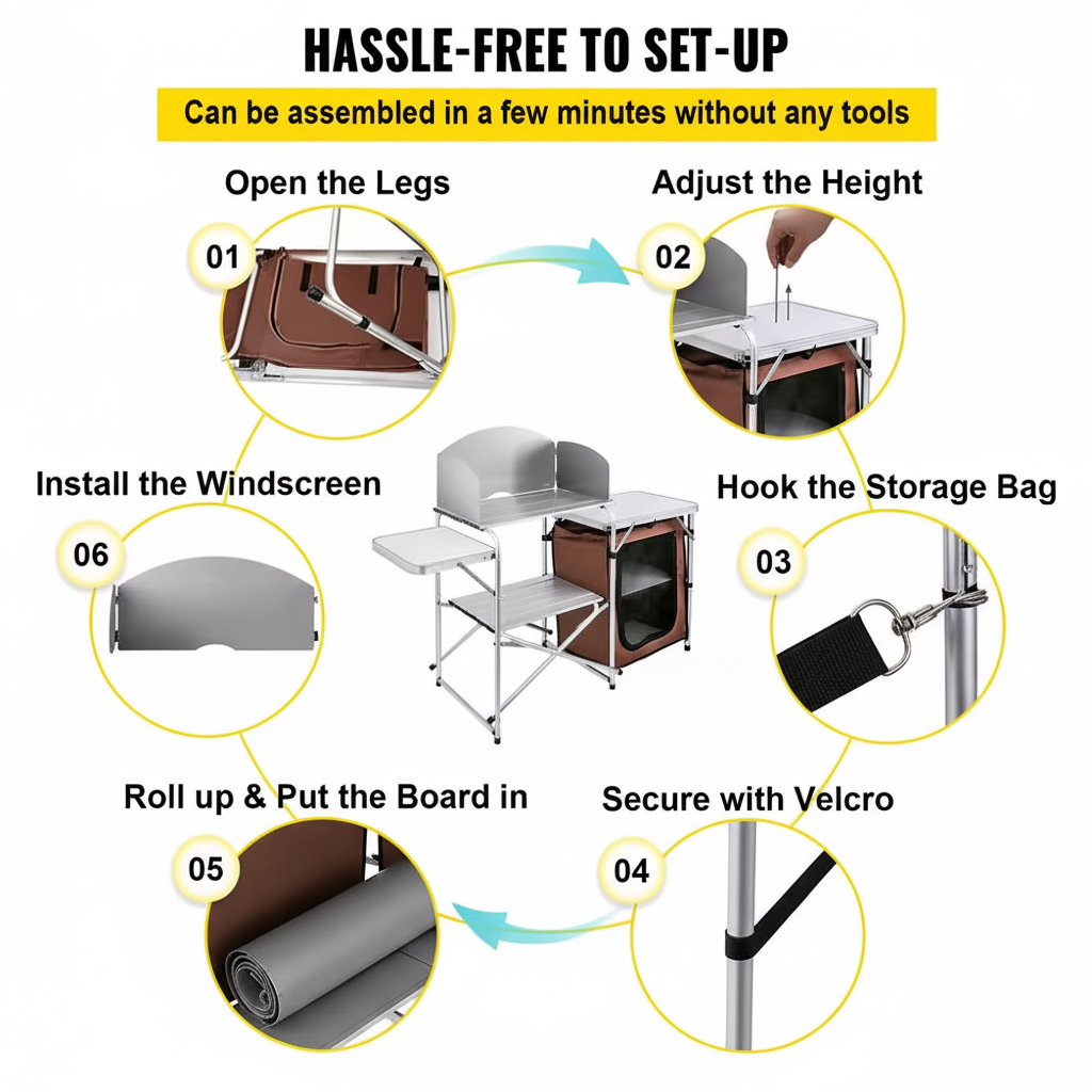 Outdoor 2-Tier Kitchen with Zippered Bag, Portable Folding Cook Table for BBQ, Party and Camping, Brown