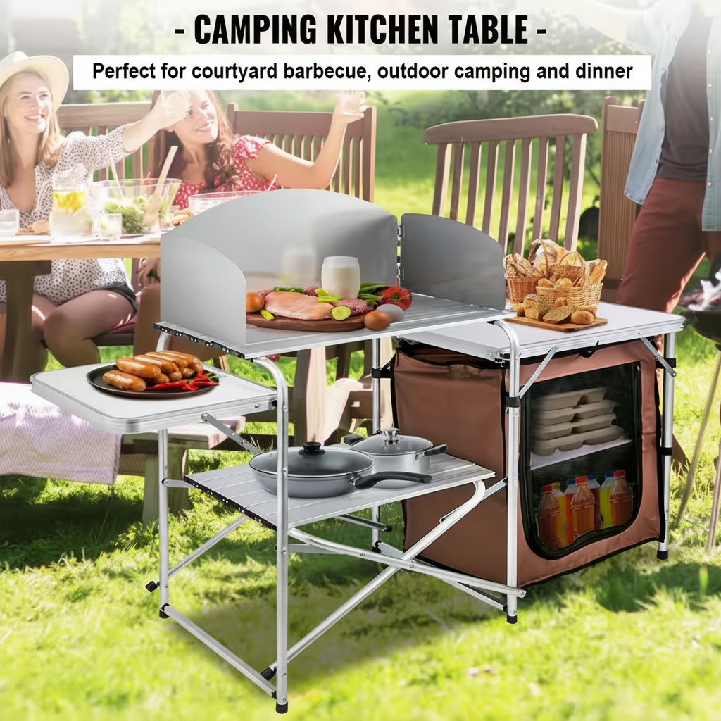 Outdoor 2-Tier Kitchen with Zippered Bag, Portable Folding Cook Table for BBQ, Party and Camping, Brown
