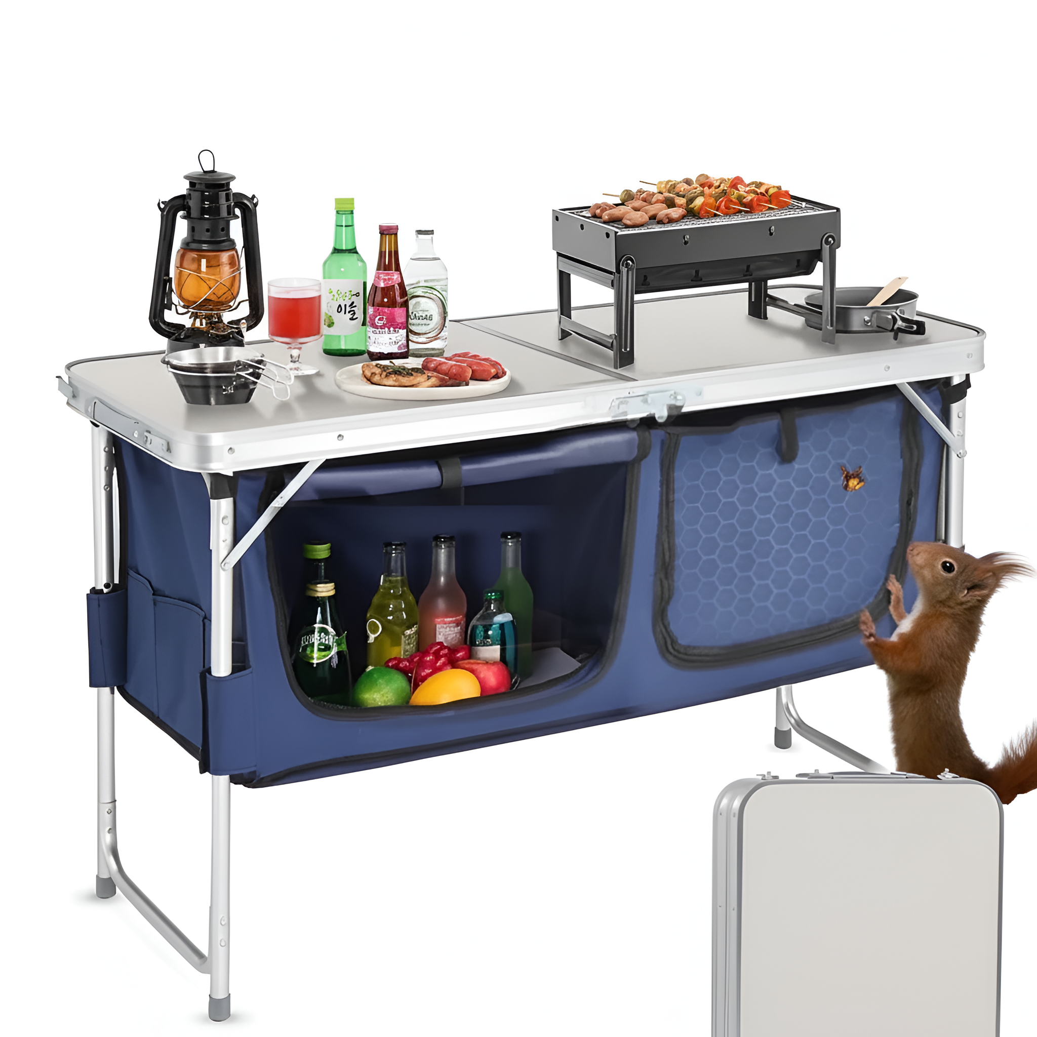 4 Ft Folding Camping Table with Storage, Camping Kitchen Station, Aluminum Portable Folding Table Camp Cook Desk with Storage Organizer and 2 Adjustable Feet, White