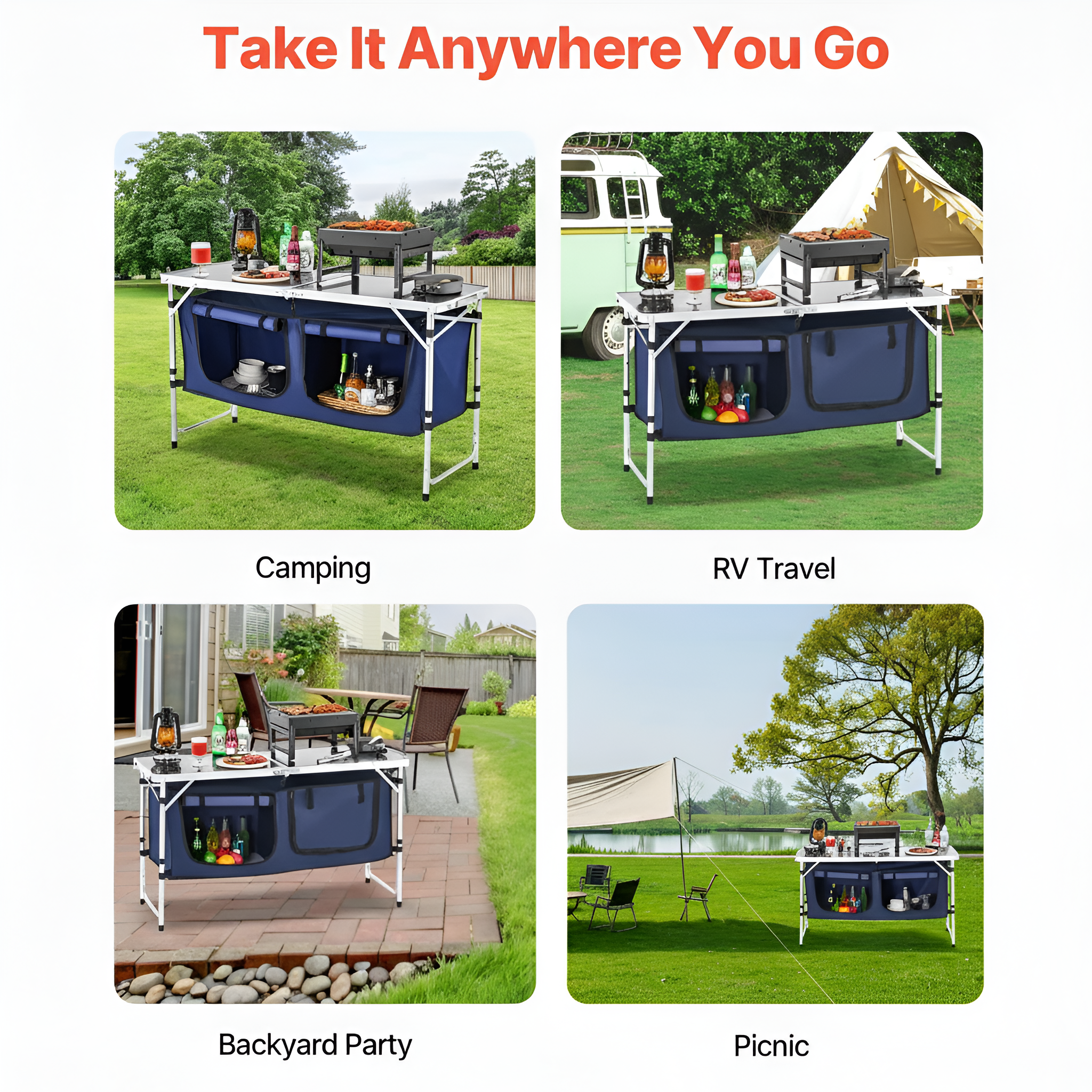 4 Ft Folding Camping Table with Storage, Camping Kitchen Station, Aluminum Portable Folding Table Camp Cook Desk with Storage Organizer and 2 Adjustable Feet, White